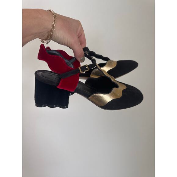 Marni Scalloped  Velvet Colorblock T Strap Mary Jane Block Heel Pumps, Sz 36 - Picture 2 of 7